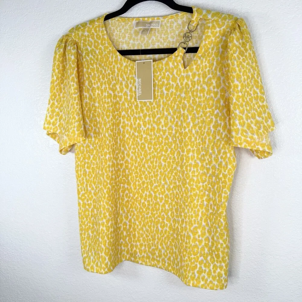 Michael Kors Dandelion Yellow Leopard Print Blouse Medium Animal Print NWT